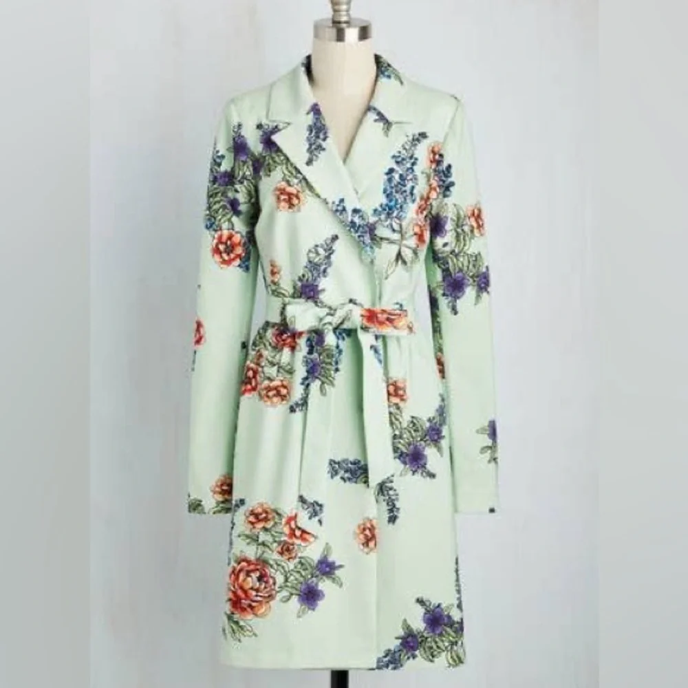 Modcloth Profound Pizzazz Mint Floral Trench Coat Size L - Picture 1 of 11